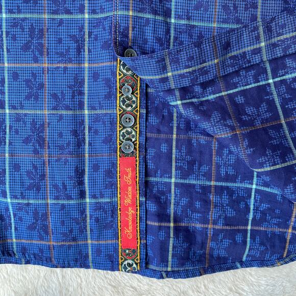 Robert Graham Windowpane Plaid Flip Cuffs Shirt Men XLT Blue Floral Button Up - Picture 6 of 11